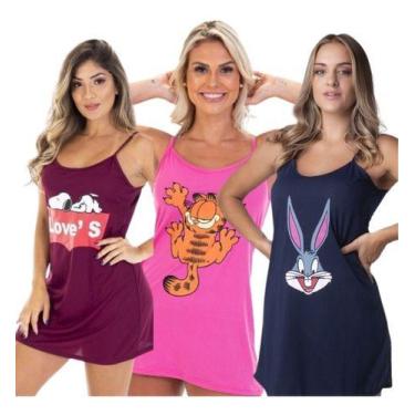 Imagem de Kit 3 Camisola De Malha Pv Alcinha Confortável Com Estampa - Mi Amore,