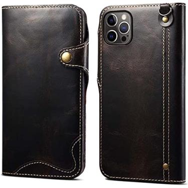 Imagem de ORKDFJ Capa flip para Apple iPhone 14 Plus 2022, capa fólio retrô de couro bovino [porta-cartão] carteira para 14 Plus 6,7 polegadas (Cor: Preto)