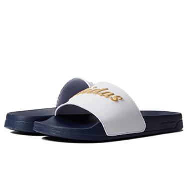 Imagem de adidas Sandália feminina Adilette Shower Slide, Branco/dourado metálico/azul-marinho, 11