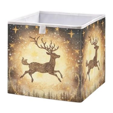 Imagem de Blueangle Caixa de armazenamento Golden Deer Cube, 28 x 28 x 28 cm, grande cesta organizadora dobrável para decoração de Natal em casa (683)