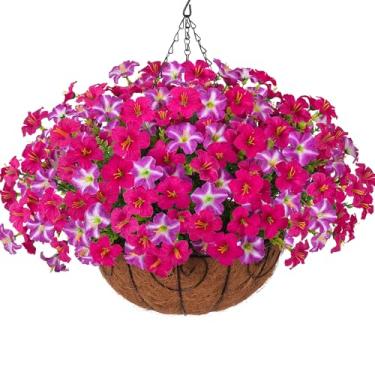 Imagem de INSPRING Flores artificiais para pendurar ao ar livre, cestos de plantas falsas, decoração de primavera, glória matinal de seda sintética resistente a UV em plantador, aparência real para pátio