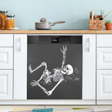 Imagem de xigua Capa magnética engraçada de esqueleto preto para lava-louças, adesivos magnéticos decorativos antiarranhões para painel de geladeira e lava-louças, decoração personalizada de cozinha doméstica