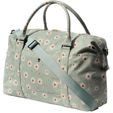 Imagem de ESVAN Bolsa de viagem para academia, bolsa de mão para o fim de semana, bolsa tiracolo com bolso molhado e manga de carrinho atualizada, Corduroy matcha margarida, Tendência