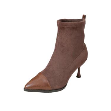 Imagem de Botas femininas modernas de inverno casuais bico fino sólido zíper traseiro sapato confortável salto médio, Marrom, 38