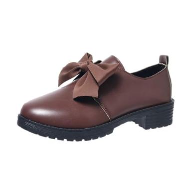 Imagem de Sapatos casuais de couro para mulheres com detalhe de laço, salto médio, cor lisa, confortável para uso diário, Caqui, 35