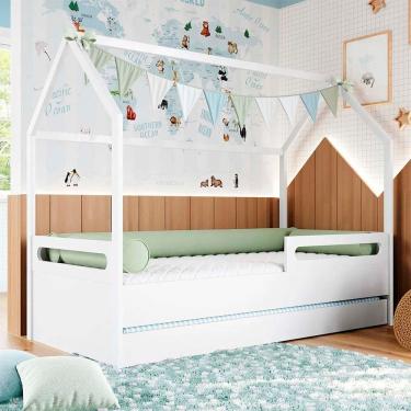 Imagem de Cama Montessoriana Tivoli com Casinha e Grades de proteção com Cama Auxiliar - Branco