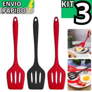 Imagem de Kit 3 Espátula De Silicone Vazada Chapeiro Antiaderente Utensílio de C