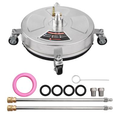 Imagem de Limpador de Superfície para Lavadora Pressão 14 Polegadas Capa Aço Inoxidável Acessório com 4 Rodas Conector Rápido 1 Polegada 2 Acessórios Vara Extensora 4000 PSI Limpeza Calçadas Passeios
