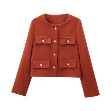 Imagem de Casaco Curto Casual De Inverno Feminino Com Decote Redondo E Decoração