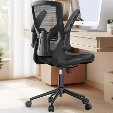 Imagem de Cadeira de escritório ergonômica com suporte lombar, braços dobráveis ajustáveis, cadeira de mesa de malha com encosto alto para escritório em casa, cadeira de computador confortável – preta