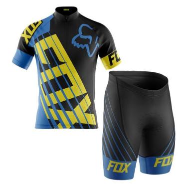 Imagem de Conjunto Camisa Ciclismo Fox Azul Manga Curta E Bermuda Gel 3D Dry Fit