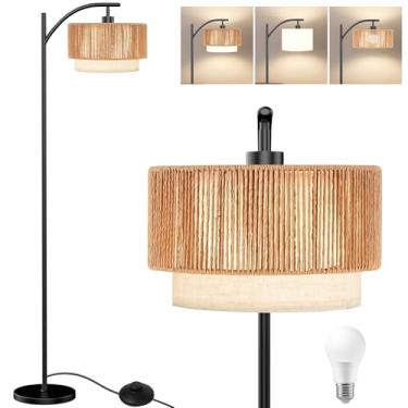 Imagem de TJOY Luminária de chão de vime Boho com LED de 12 W, 3 temperaturas de cor, luminárias de pé para sala de estar, quarto, iluminação de canto, decoração de casa de fazenda e boêmia, luminária de chão