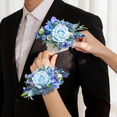 Imagem de Serwalin Conjunto de lapela e corpete com bolso rosa azul, 2 peças de bolsa de pulso e flor na lapela para homens, formatura, casamento, regresso a casa, aniversário, formatura