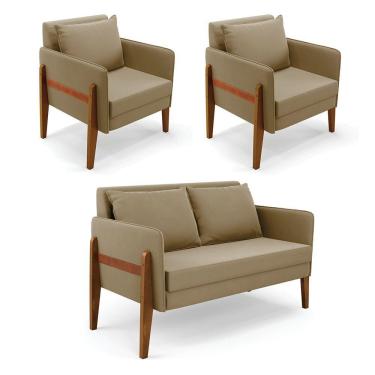 Imagem de Kit 1 Sofá Namoradeira E 2 Poltronas Lana Suede Base De Madeira - D'rossi Cor Marrom Rato