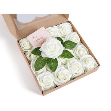 Imagem de XIANNVXI Flor artificial, branco leitoso, rosas falsas com caules, flor artificial branca para buquês de casamento, chuveiro, centros de mesa, decorações de festa, 16 peças