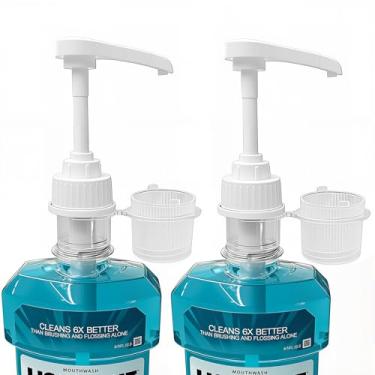 Imagem de Pacote com 2 dispensadores de bomba de enxaguante bucal compatíveis com Listerine Frascos de enxaguante bucal de 1 litro e 1,5 litro Conjunto prático de bomba de lavagem bucal com suporte de copo para