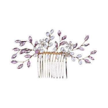 Imagem de Pente De Cabelo Com Pérolas De Cristal Roxo Para Mulheres, Acessório D