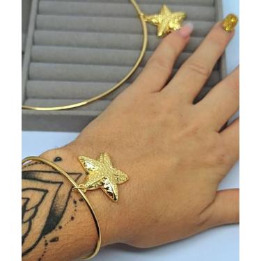 Imagem de Kit Colar Choker e Pulseira Elo Aro Liso com Pingente Estrela do Mar F
