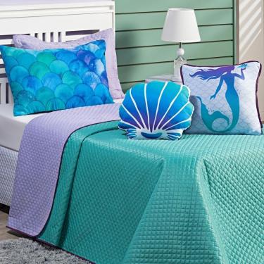 Imagem de Kit Cobre Leito Colcha Solteiro Mermaid Tiffany/lilás Dupla Face Com Almofadas Estampad...