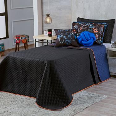 Imagem de Kit Cobre Leito Colcha Solteiro Game Win Preto/azul Marinho Dupla Face Com Almofadas 05...