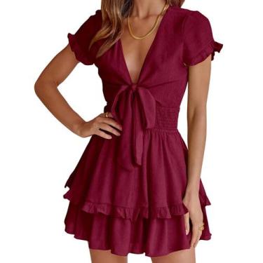 Imagem de Vestido PRETTYGARDEN 2025 Mini Vinho Vermelho Decote V Manga Curta M