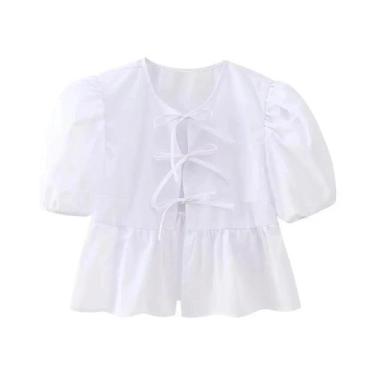 Imagem de Blusa Feminina Branca com Manga Bufante, Gola Redonda e Laço - Estilo 