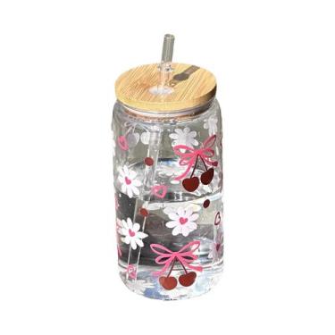 Imagem de Copo De Vidro Com Laço Fofo De 500ml, Garrafa De Água Tipo Mason Jar C