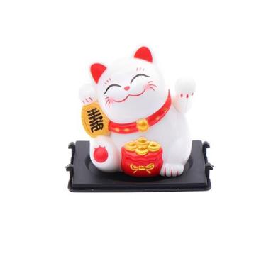 Imagem de Enfeite Gato da Sorte Maneki Neko Branco Solar Decoração 5cm - Home