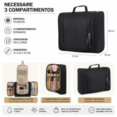 Imagem de Necessaire de Viagem Polo King Organizadora de Pendurar em Poliéster com 3 Divisórias Preta