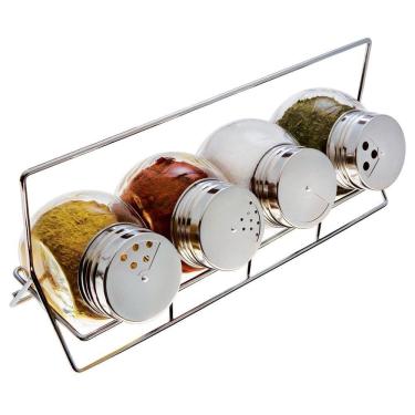 Imagem de Porta Condimentos Bubble 4 Peças Armazenar Temperos Vidro e Inox Tampa Dosadora Suporte Aço Cromado Cozinha Transparente