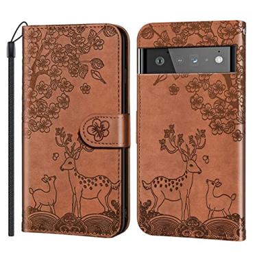 Imagem de Capa para Google Pixel 6/6 Pro, capa carteira de couro PU em relevo com compartimentos para cartões e suporte magnético para celular flip Folio Capa, marrom, 6 Pro 17 cm