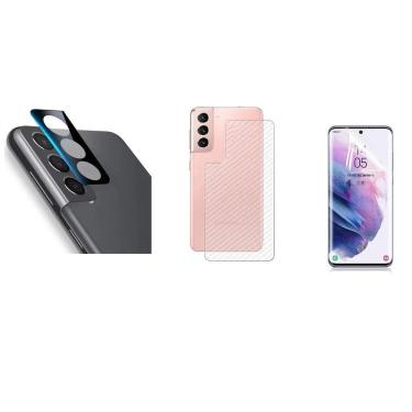 Imagem de Película Verso Fibra Carbono + P. Câmera Lente + P. Nano Gel Frontal Samsung Galaxy S21