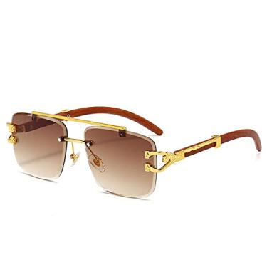 Imagem de Óculos de sol quadrado sem aro com impressão em madeira retrô feminino designer de luxo decoração leão dourado óculos de sol masculino sombras Oculus, chá, A