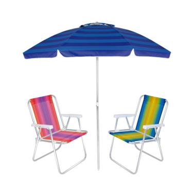 Imagem de Kit Praia Guarda Sol Articulado 2m Cadeira Alta Listrada Alumínio - Mor