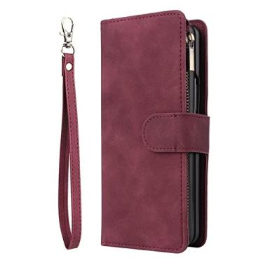 Imagem de Carteira de luxo com zíper capa de couro para Samsung Galaxy Z Fold4 capa magnética para Samsung Galaxy Z Fold 4 capa, vinho tinto, para Samsung Galaxy Z Fold4