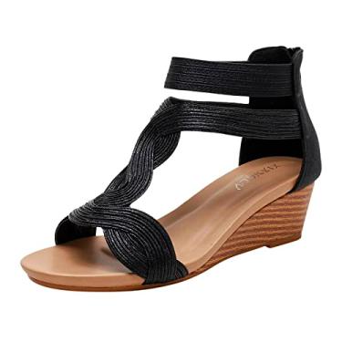 Imagem de Sandálias de plataforma para mulheres moda primavera verão sandálias femininas com zíper nas costas aberto dedo do pé tira no tornozelo salto médio (preto, 36)