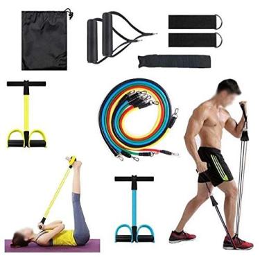 Imagem de Kit Elástico Extensor 11 Peças e Extensor Pedal Sit-up Fitness Pilates Malhar Em Casa CrossFit