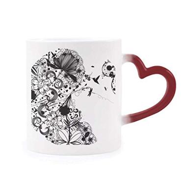 Imagem de Plantas de flores preto branco arte grão contorno sensível ao calor caneca vermelha mudança de cor grés copo