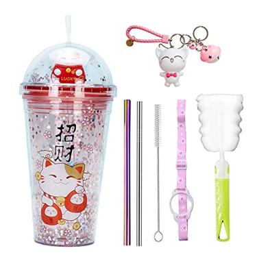 Imagem de seelucky Caneca de viagem de gato da sorte com canudo azul copo de bebida com alça copo de gelo roxo para festa de piquenique aniversário (vermelho gato sorte, 430 ml)