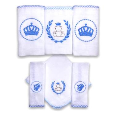 Imagem de Kit 6 Fraldas De Pano para Bebê Bordada (3 de Ombro + 3 De Boca) (Príncipe Azul (Coroa e Ursinho))