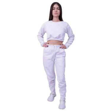 Imagem de Conjunto Moletom Cropped Plus Size Manga Longa Branco-Feminino