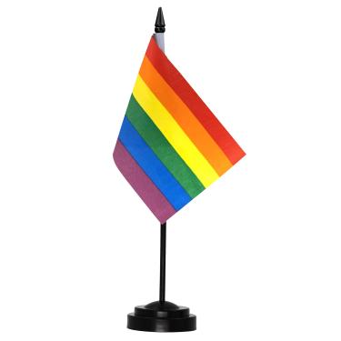 Imagem de Conjunto de bandeiras de mesa Anley Rainbow Gay Pride Deluxe - Bandeira de mesa LGBTQ em miniatura de 6 x 4 polegadas com pólo sólido de 12 "- cores vivas e resistente ao desbotamento - base preta e topo de lança