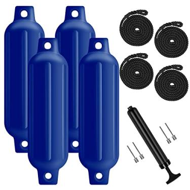 Imagem de Turmaster Pacote com 4 para-lamas para barco, 4,5 x 40,6 cm, para-lamas de barco com nervuras de olhos duplos para ancoragem, para-choques infláveis de barco com 4 cordas, 4 agulhas e 1 bomba, azul
