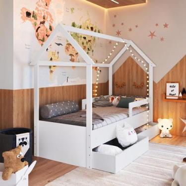 Imagem de Cama Montessori Tipo Cabana Infantil Com 2 Gavetas Branco - Completa M