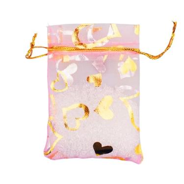 Imagem de QIANHAILIZZ Pacote com 100 sacos de presente de organza de coração de flor de 7,8 x 9,5 cm bolsa de presente bolsa de doces sacos de lembrancinha de casamento com cordão B511S (coração de ouro rosa)