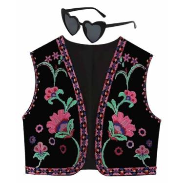Imagem de Colete bordado feminino vintage bordado floral colete aberto frente blusa cortada colete (Color : D, Size : Small)
