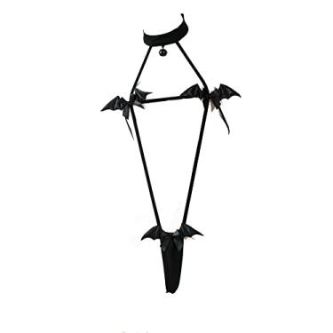 Imagem de JasmyGirls Lingerie de anime fantasia de diabo sexy cosplay Halloween micro biquíni kawaii sutiã calcinha morcego japonês estilingue gótico roupa preta, Preto, One Size