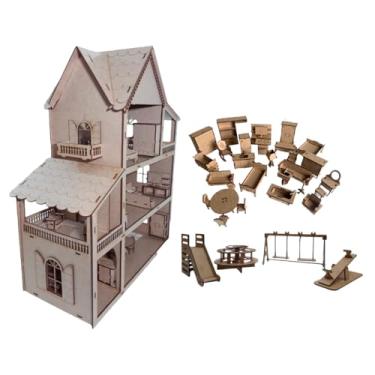 Imagem de Kit Casinha Bonecas Em Mdf Cru Brinquedo Infantil Com 19 Mini Moveis + Parquinho