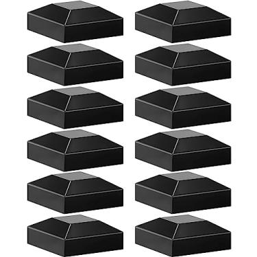 Imagem de Dunzy Tampas de poste de cerca de alumínio 5 cm x 5 cm tampas pretas para postes de cerca de encaixe de pressão para caixa de correio metal madeira plástico vinil ferro deck trilhos (12 peças)