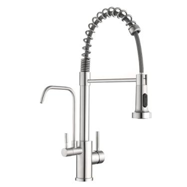 Imagem de OUGOO Torneira de cozinha 3 em 1 com torneira de água potável, torneira de pia de cozinha com 2 manípulos, torneiras purificadoras de filtro de água, escovadas